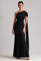 Load image into Gallery viewer, Black Mermaid One Shoulder Long Formal Dress with Side Cape