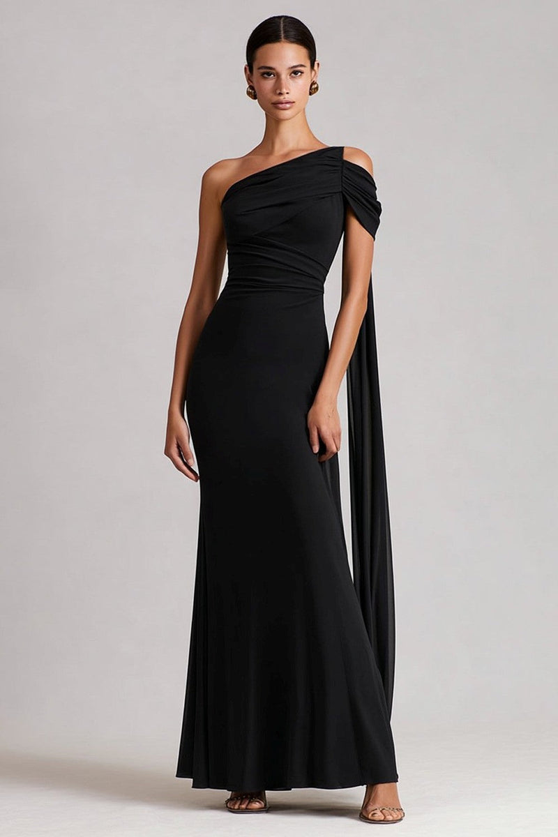 Load image into Gallery viewer, Black Mermaid One Shoulder Long Formal Dress with Side Cape