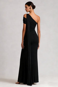 Black Mermaid One Shoulder Long Formal Dress with Side Cape