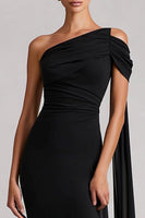 Load image into Gallery viewer, Black Mermaid One Shoulder Long Formal Dress with Side Cape