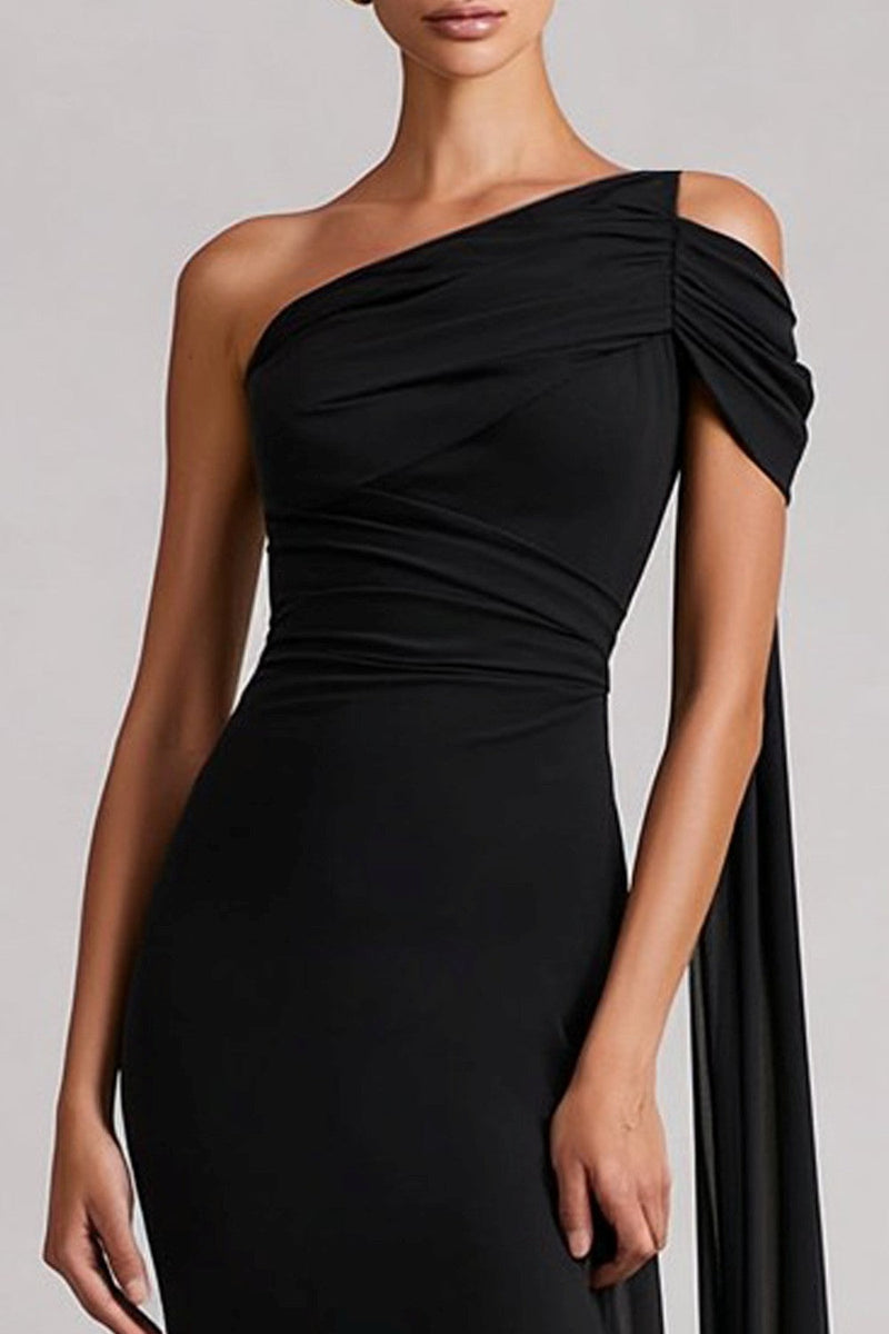 Load image into Gallery viewer, Black Mermaid One Shoulder Long Formal Dress with Side Cape