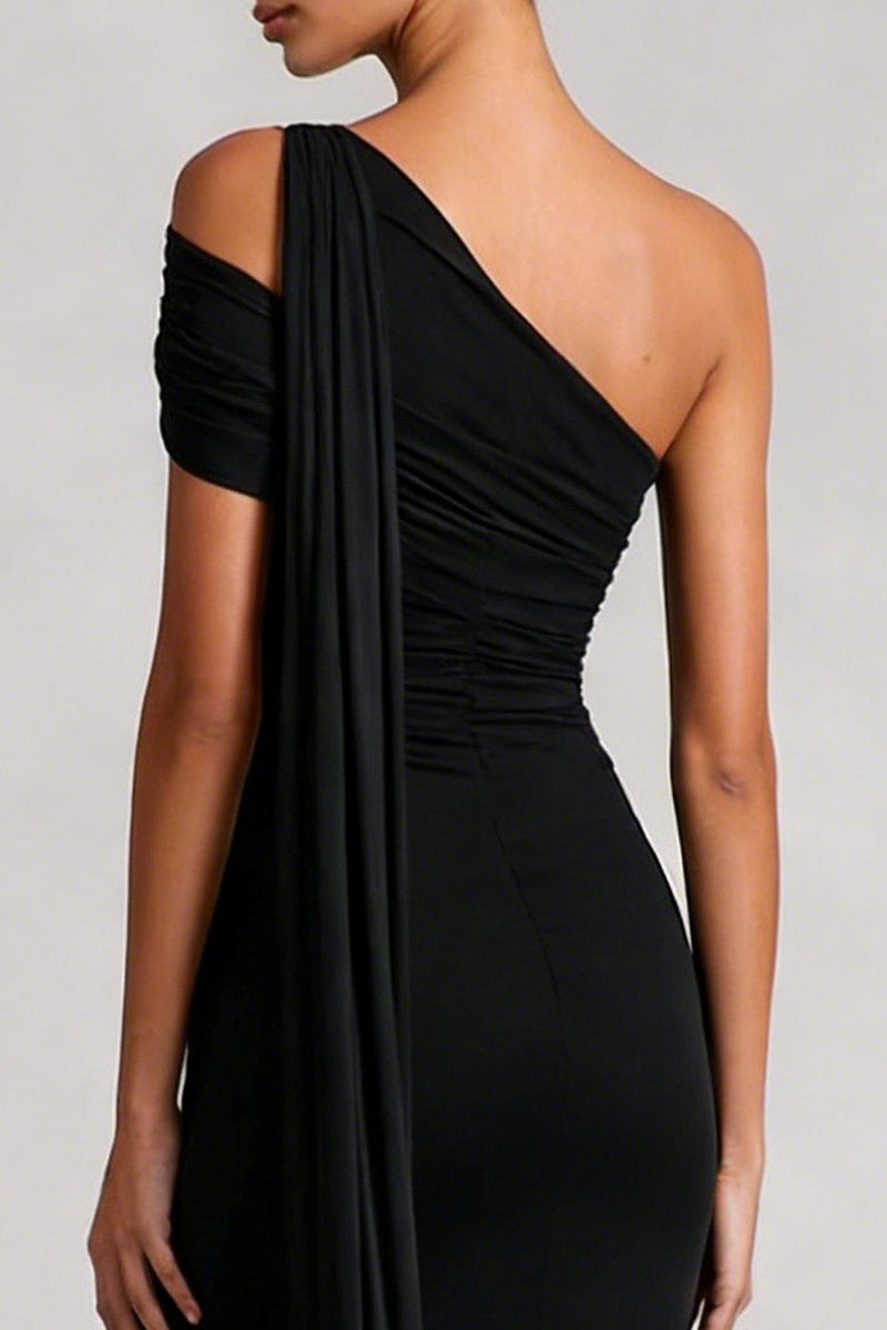 Load image into Gallery viewer, Black Mermaid One Shoulder Long Formal Dress with Side Cape