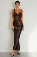 Load image into Gallery viewer, Coffee Satin Mermaid Thick Straps Long Formal Dress with Lace