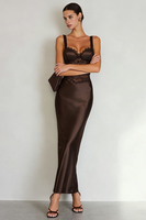 Load image into Gallery viewer, Coffee Satin Mermaid Thick Straps Long Formal Dress with Lace