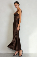 Load image into Gallery viewer, Coffee Satin Mermaid Thick Straps Long Formal Dress with Lace