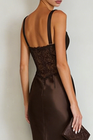 Load image into Gallery viewer, Coffee Satin Mermaid Thick Straps Long Formal Dress with Lace