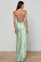 Load image into Gallery viewer, Floral Satin Sage Green Spaghetti Straps Mermaid Long Corset Prom Dress