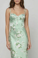 Load image into Gallery viewer, Floral Satin Sage Green Spaghetti Straps Mermaid Long Corset Prom Dress