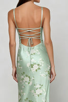 Load image into Gallery viewer, Floral Satin Sage Green Spaghetti Straps Mermaid Long Corset Prom Dress