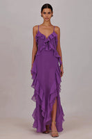 Load image into Gallery viewer, Plum Chiffon Ruffled Sheath Spaghetti Straps Long Prom Dress with Slit