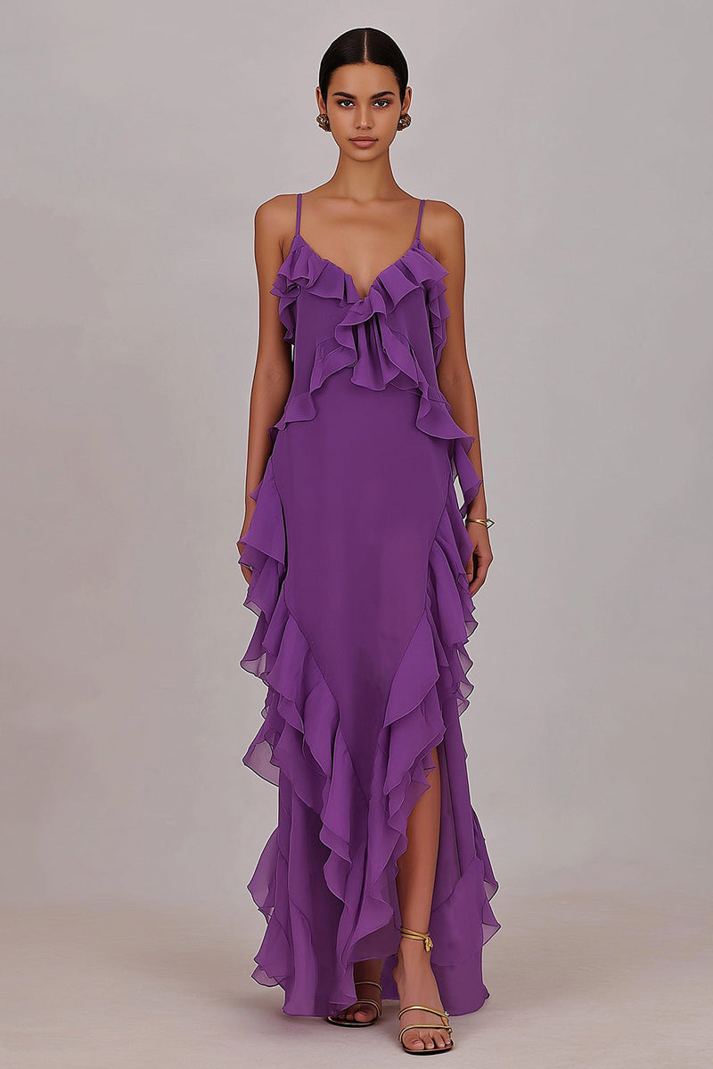 Load image into Gallery viewer, Plum Chiffon Ruffled Sheath Spaghetti Straps Long Prom Dress with Slit