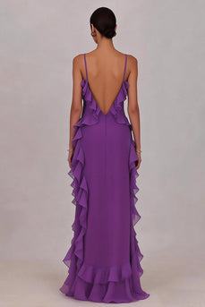 Plum Chiffon Ruffled Sheath Spaghetti Straps Long Prom Dress with Slit