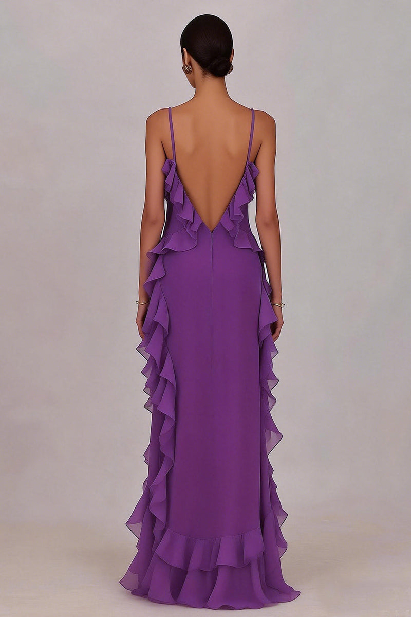 Load image into Gallery viewer, Plum Chiffon Ruffled Sheath Spaghetti Straps Long Prom Dress with Slit