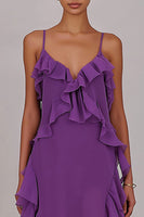 Load image into Gallery viewer, Plum Chiffon Ruffled Sheath Spaghetti Straps Long Prom Dress with Slit