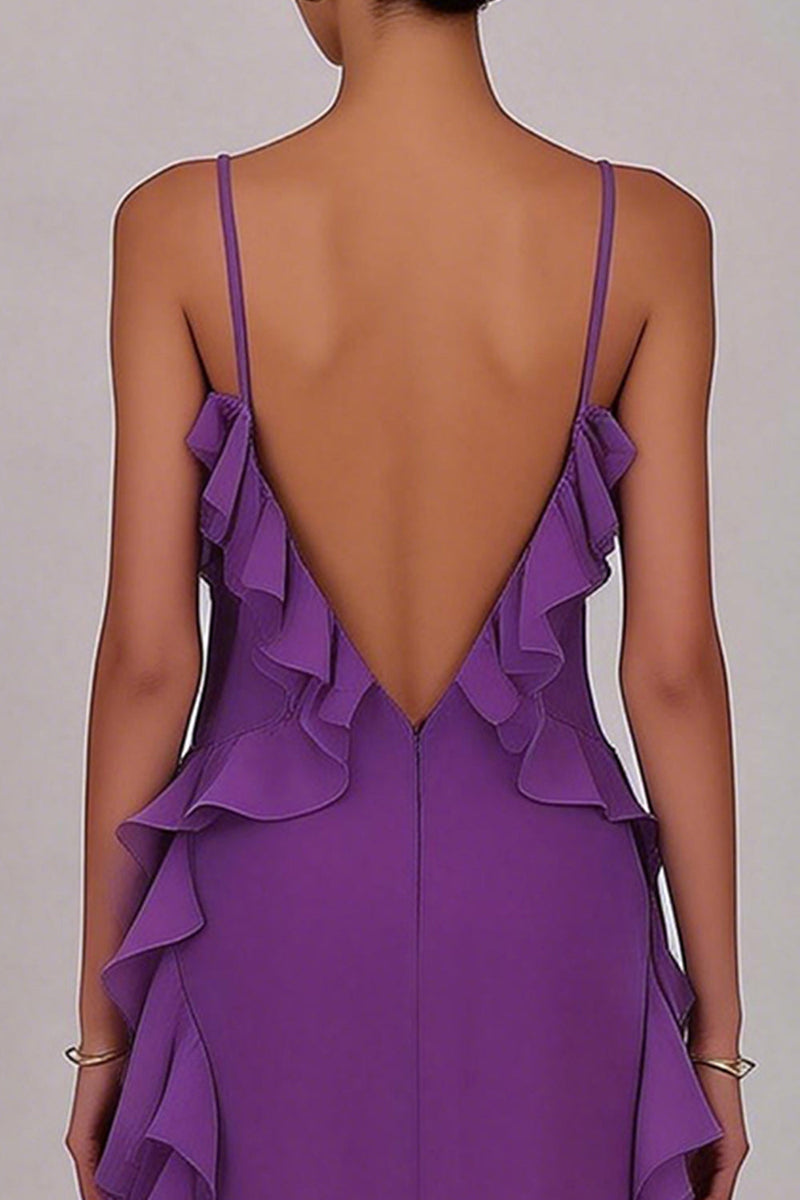 Load image into Gallery viewer, Plum Chiffon Ruffled Sheath Spaghetti Straps Long Prom Dress with Slit