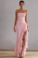 Load image into Gallery viewer, Pink Ruffled Strapless Mermaid Long Prom Dress with Slit
