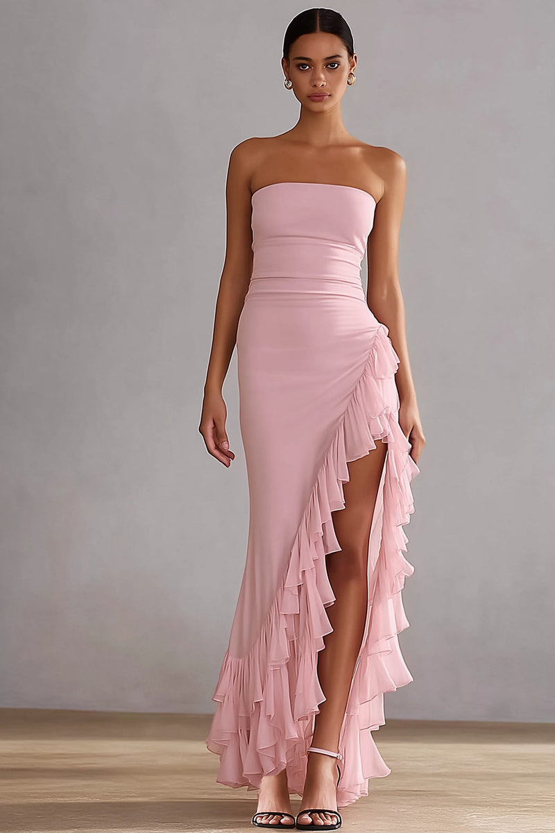 Load image into Gallery viewer, Pink Ruffled Strapless Mermaid Long Prom Dress with Slit