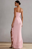 Load image into Gallery viewer, Pink Ruffled Strapless Mermaid Long Prom Dress with Slit