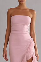 Load image into Gallery viewer, Pink Ruffled Strapless Mermaid Long Prom Dress with Slit