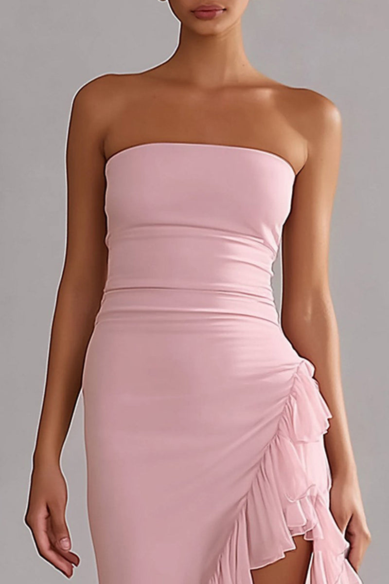 Load image into Gallery viewer, Pink Ruffled Strapless Mermaid Long Prom Dress with Slit