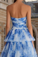 Load image into Gallery viewer, Floral Blue and White A Line Tiered Sweetheart Long Prom Dress