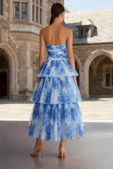 Floral Blue and White A Line Tiered Sweetheart Long Prom Dress