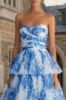 Load image into Gallery viewer, Floral Blue and White A Line Tiered Sweetheart Long Prom Dress