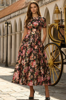 Load image into Gallery viewer, Floral Black and Pink A Line Round Neck Long Prom Dress with Sleeves