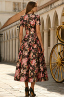Load image into Gallery viewer, Floral Black and Pink A Line Round Neck Long Prom Dress with Sleeves