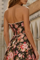 Load image into Gallery viewer, Floral Strapless Black and Pink A Line Long Prom Dress with Pearls