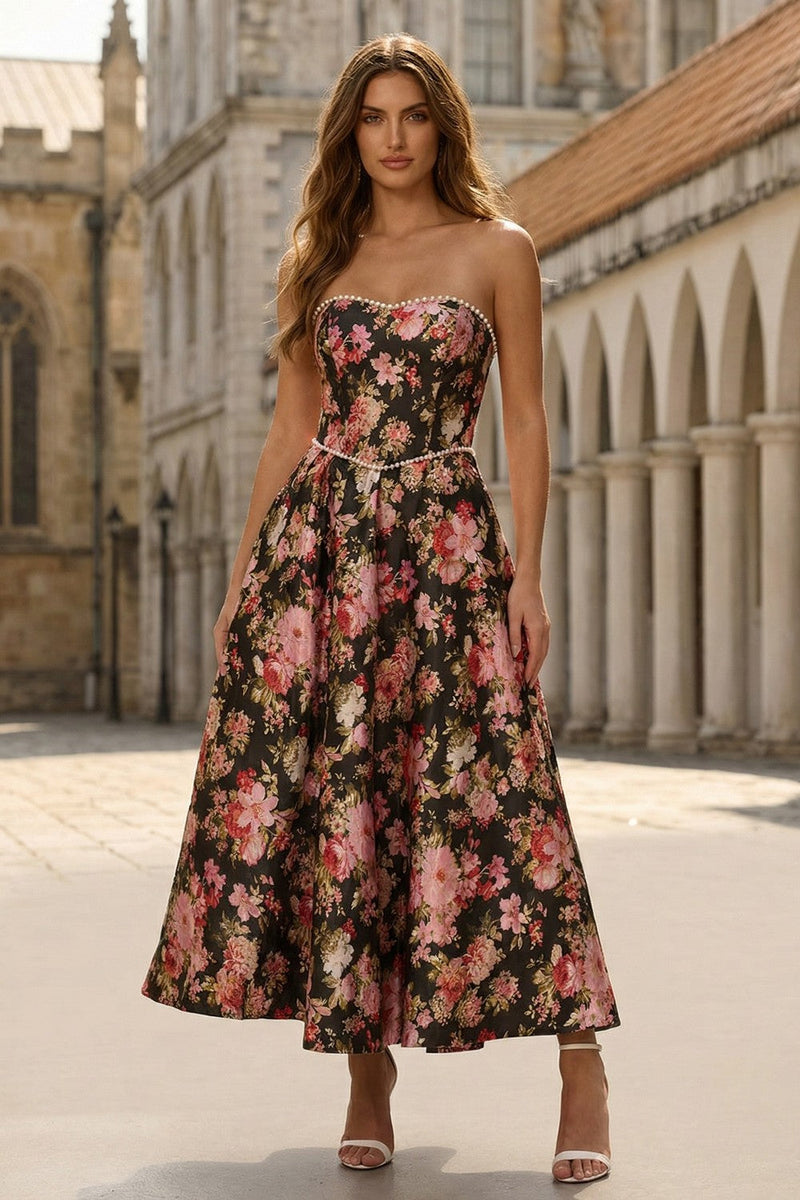 Load image into Gallery viewer, Floral Strapless Black and Pink A Line Long Prom Dress with Pearls