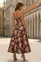Load image into Gallery viewer, Floral Strapless Black and Pink A Line Long Prom Dress with Pearls