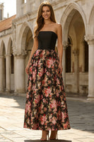 Load image into Gallery viewer, Floral Black and Pink A Line Strapless Long Prom Dress