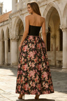 Load image into Gallery viewer, Floral Black and Pink A Line Strapless Long Prom Dress