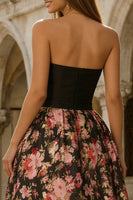 Load image into Gallery viewer, Floral Black and Pink A Line Strapless Long Prom Dress