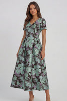 Load image into Gallery viewer, Floral Blue and White A Line V Neck Ankle Length Prom Dress with Sleeves