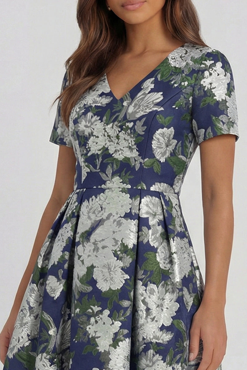 Load image into Gallery viewer, Floral Blue and White A Line V Neck Ankle Length Prom Dress with Sleeves