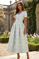 Load image into Gallery viewer, Floral Blue and White A Line V Neck Ankle Length Prom Dress with Sleeves