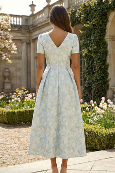 Floral Blue and White A Line V Neck Ankle Length Prom Dress with Sleeves