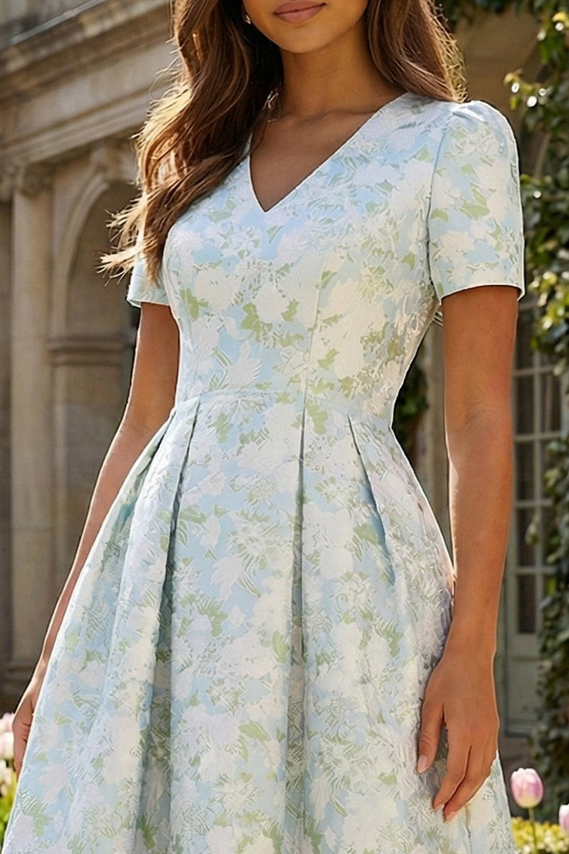 Load image into Gallery viewer, Floral Blue and White A Line V Neck Ankle Length Prom Dress with Sleeves