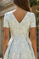 Load image into Gallery viewer, Floral Blue and White A Line V Neck Ankle Length Prom Dress with Sleeves