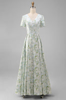 Load image into Gallery viewer, Floral Blue and White A Line V Neck Ankle Length Prom Dress with Sleeves