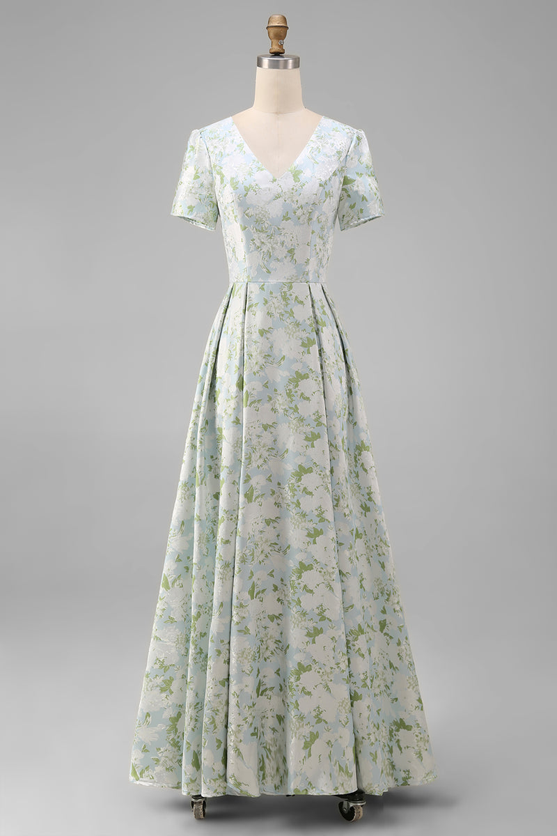 Load image into Gallery viewer, Floral Blue and White A Line V Neck Ankle Length Prom Dress with Sleeves