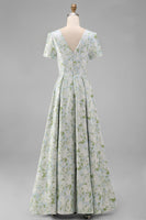 Load image into Gallery viewer, Floral Blue and White A Line V Neck Ankle Length Prom Dress with Sleeves