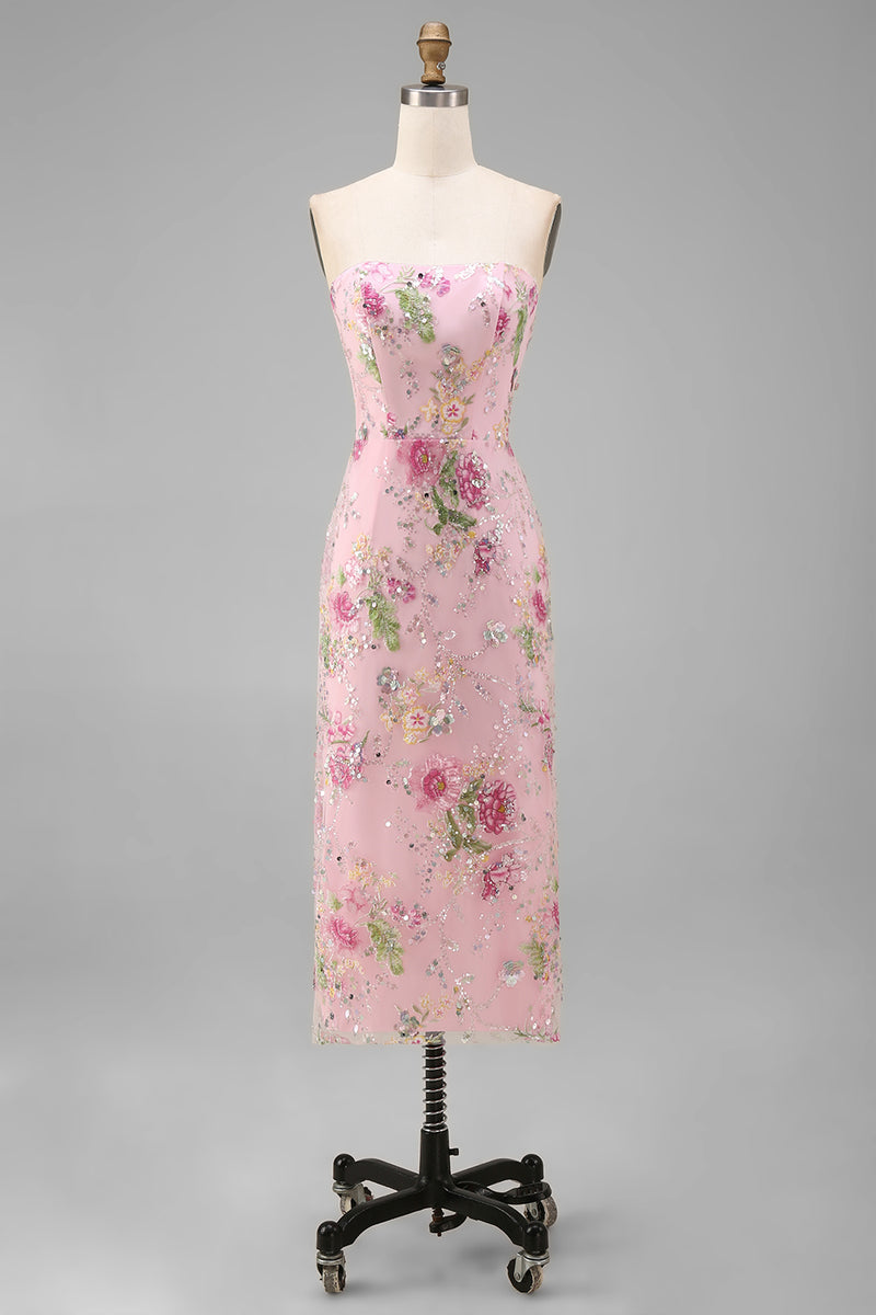 Load image into Gallery viewer, Sparkly Pink Floral Mermaid Strapless Ankle Length Prom Dress