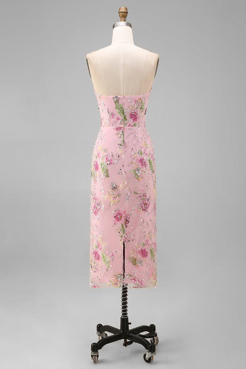 Load image into Gallery viewer, Sparkly Pink Floral Mermaid Strapless Ankle Length Prom Dress