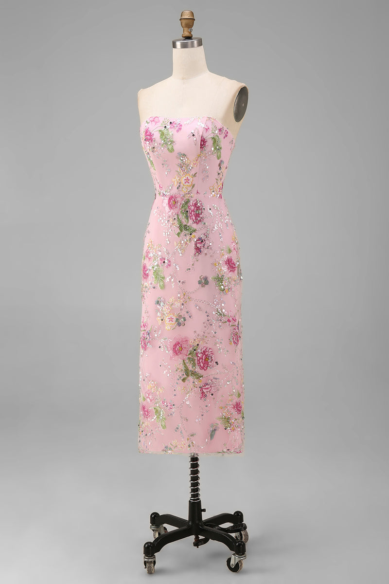 Load image into Gallery viewer, Sparkly Pink Floral Mermaid Strapless Ankle Length Prom Dress