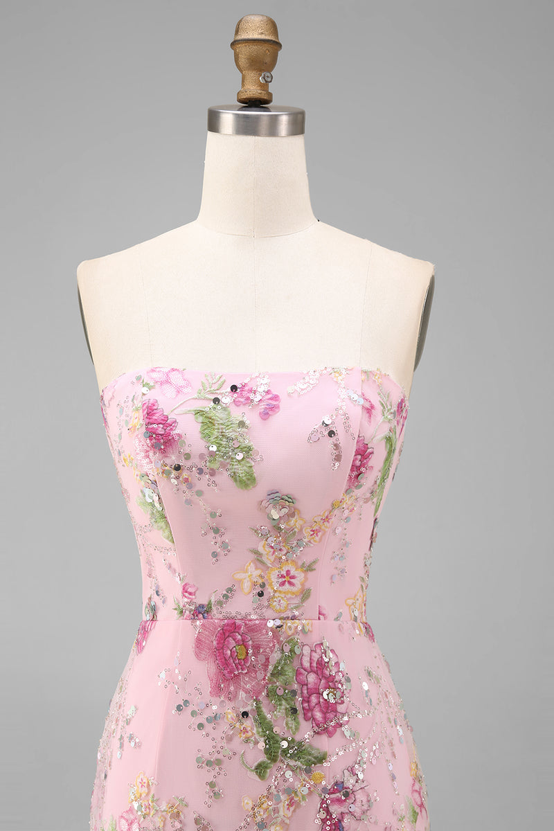 Load image into Gallery viewer, Sparkly Pink Floral Mermaid Strapless Ankle Length Prom Dress