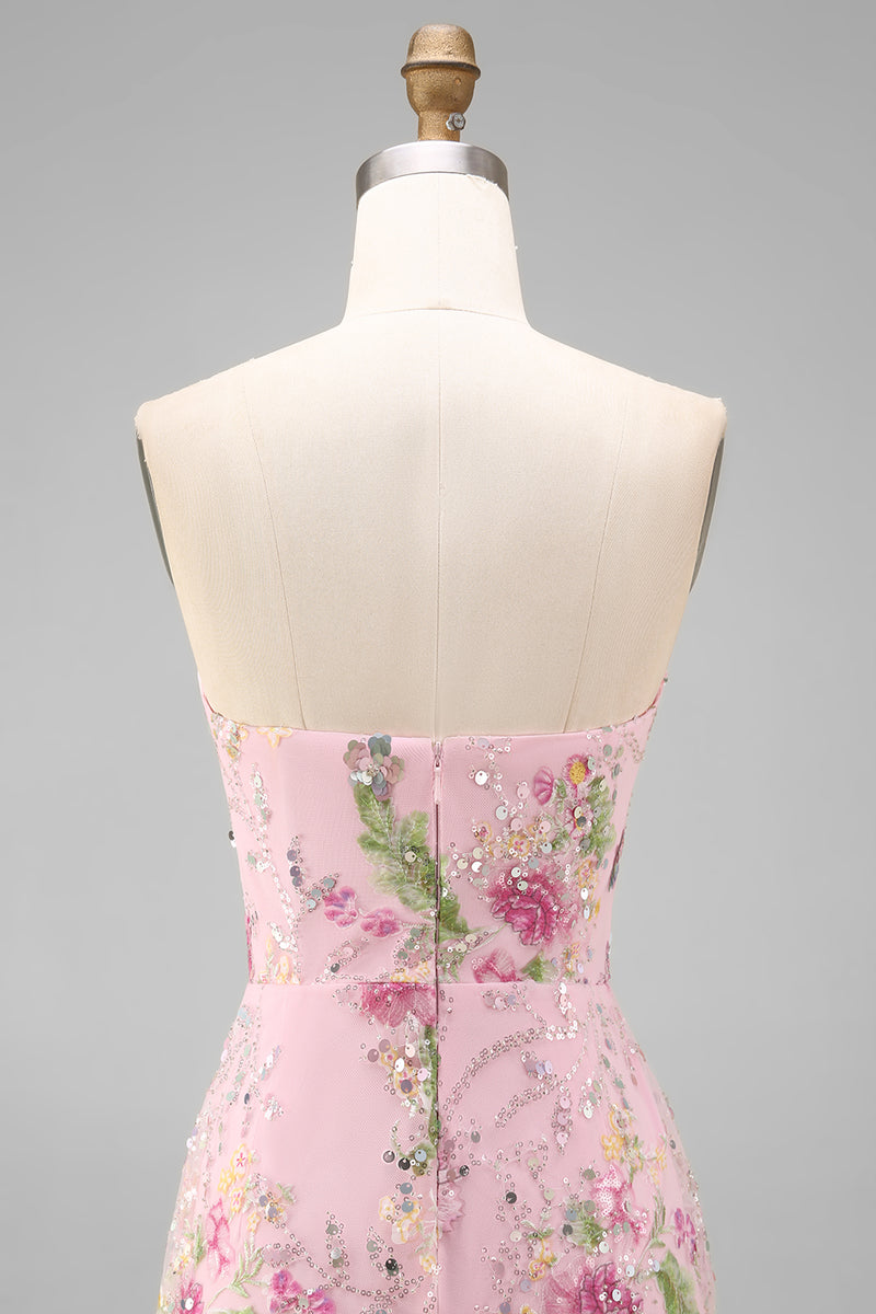Load image into Gallery viewer, Sparkly Pink Floral Mermaid Strapless Ankle Length Prom Dress