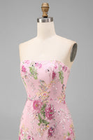 Load image into Gallery viewer, Sparkly Pink Floral Mermaid Strapless Ankle Length Prom Dress